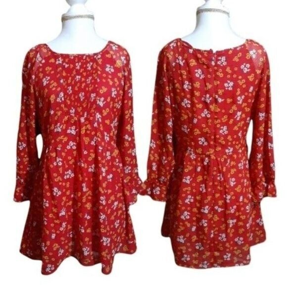 Free People Women's Size 2 Doll Pants Mini Dress Red Floral Tunic - Picture 2 of 7